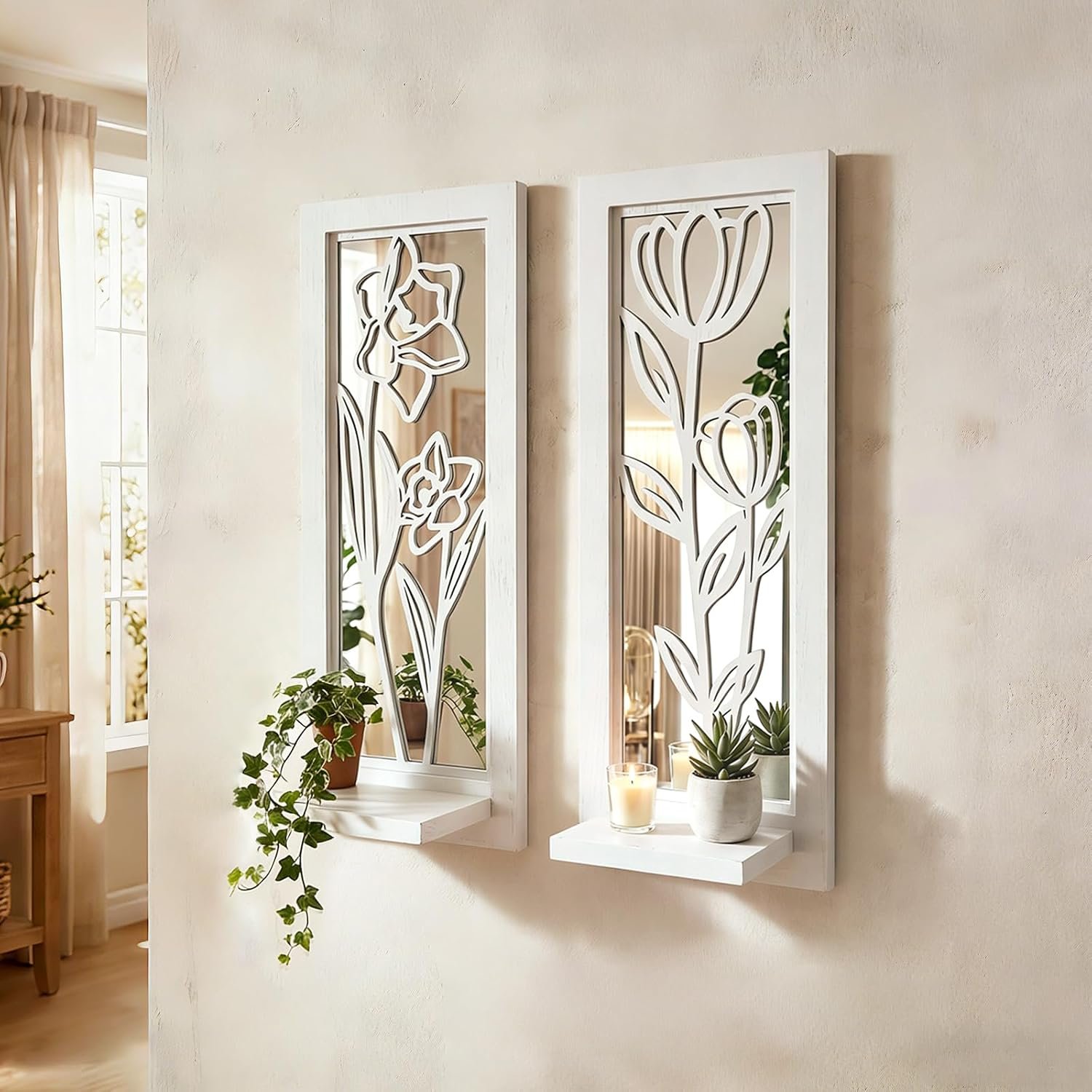 ZEXUIRU 2 Set Rustic Candle Sconces Living Room Bedroom Entryway Wood Mirrored, Farmhouse, Carved Frame Wall-Mount Wooden Candle Holders Wall Decor Hanging Handmade Holder – Distressed White